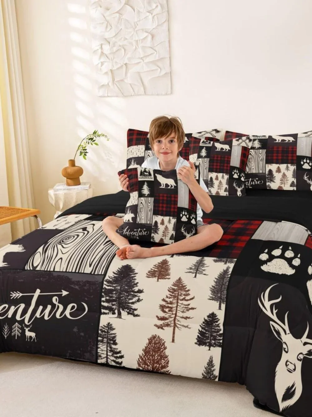 Retro Cabin Lodge Bed In A Bag Queen Wolf Plaid Patchwork Comforter Set With She
